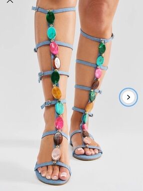 Fashion Nova Blue Strappy Multicolor Beaded Knee-High Gladiator Sandals